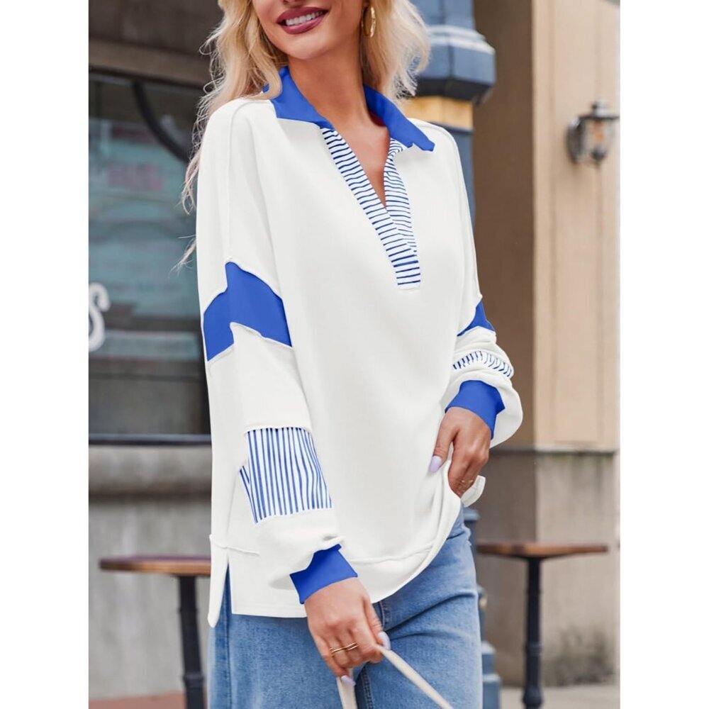 Women's Oversized Color Block Sweatshirt Cotton Polyester V Neck Casual - Picture 5 of 6
